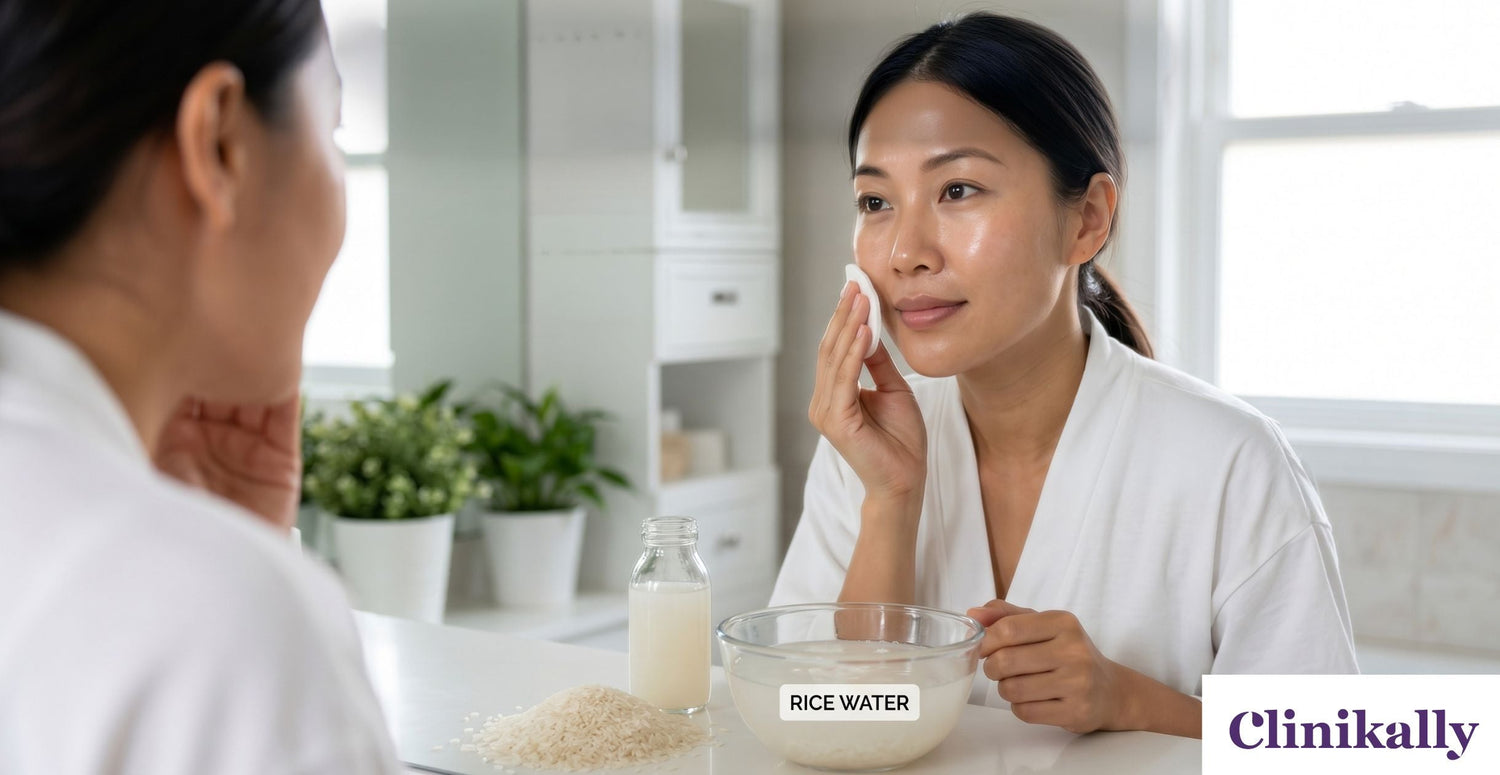 Women applying rice water toner on her face