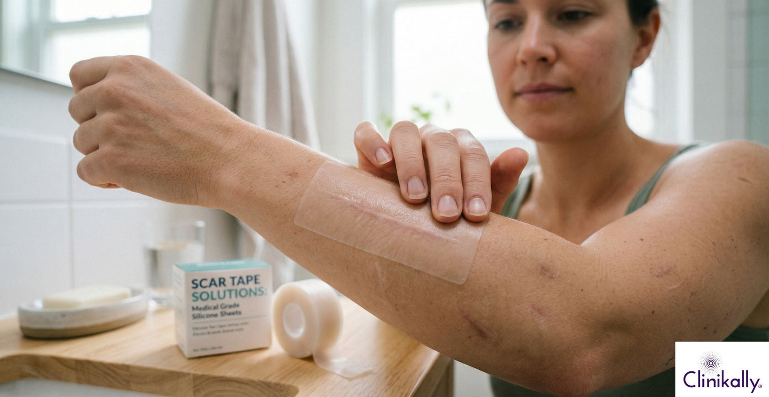 Woman applying scar tape on hand