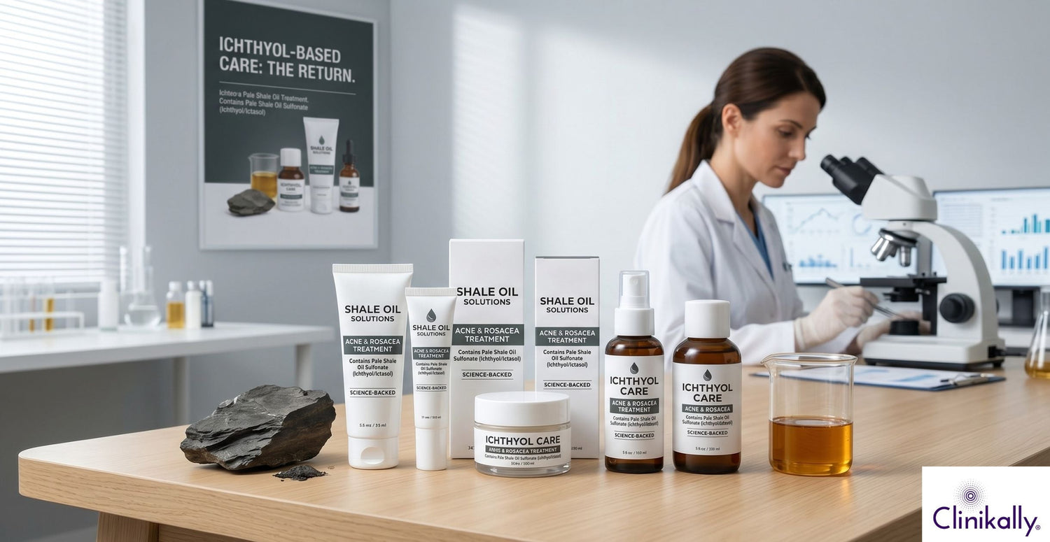 Ichthyol shale oil skincare products for acne and rosacea treatment in lab setting
