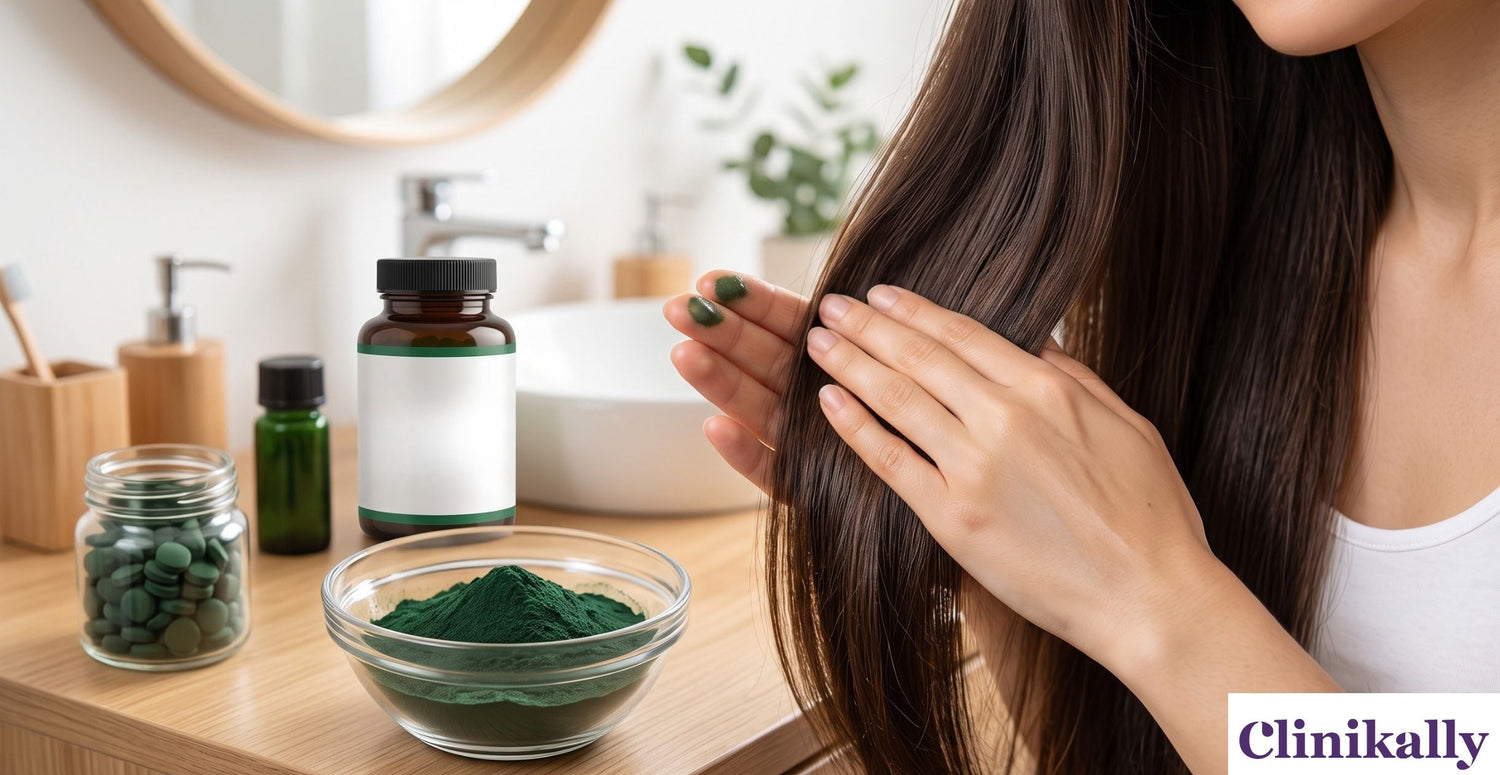 Woman showcasing smooth, healthy hair with spirulina hair care supplement and powder