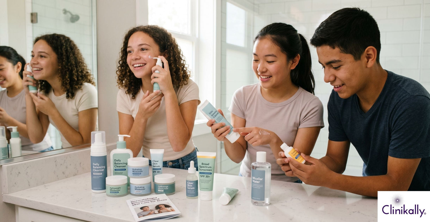 Teenagers reviewing dermatologist-recommended skincare products for healthy skin