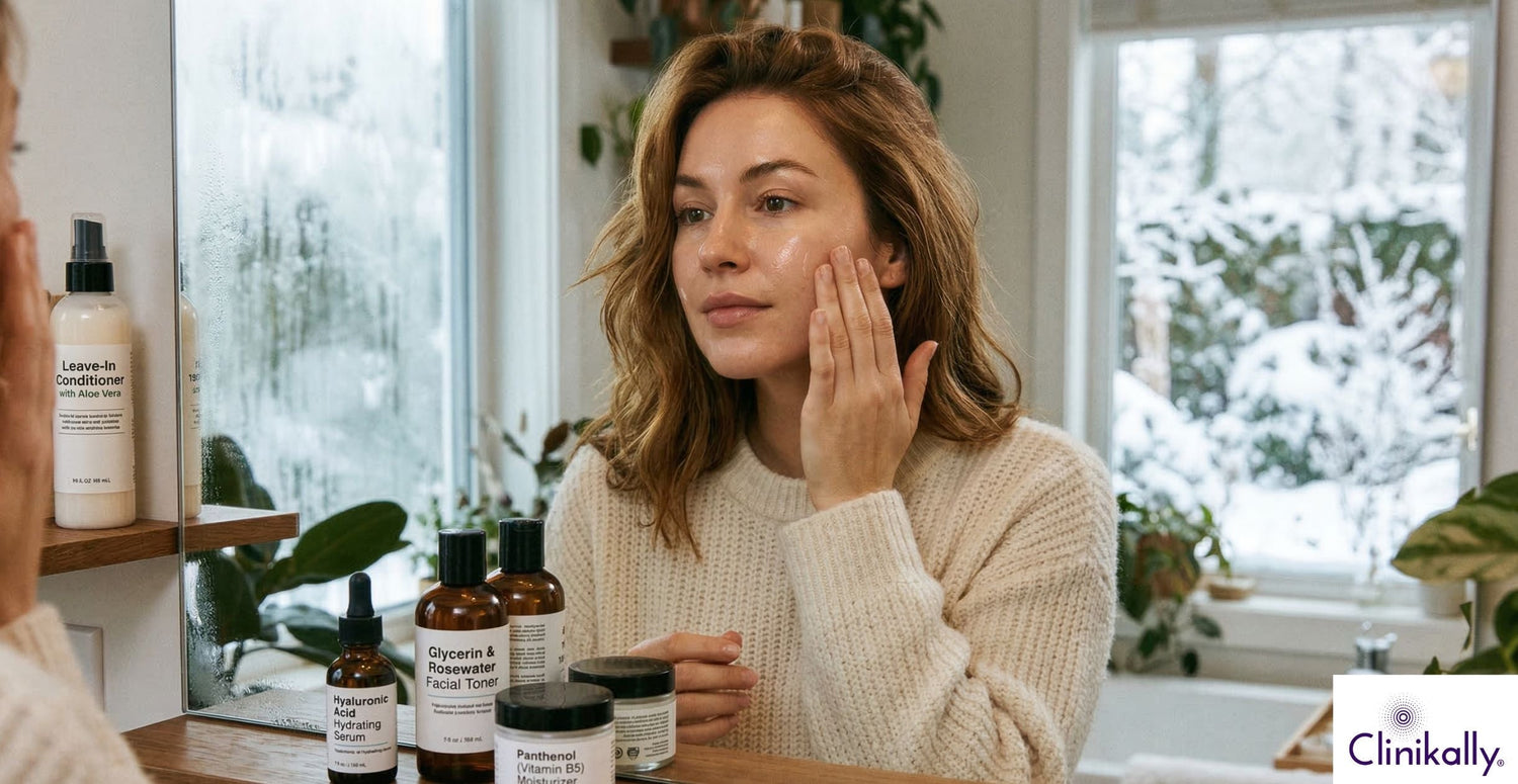 Woman applying moisturizer in winter skincare