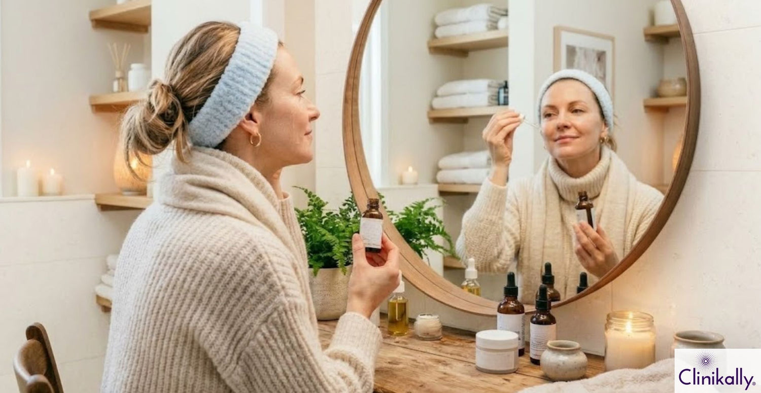 Woman applying facial serum during winter skincare routine