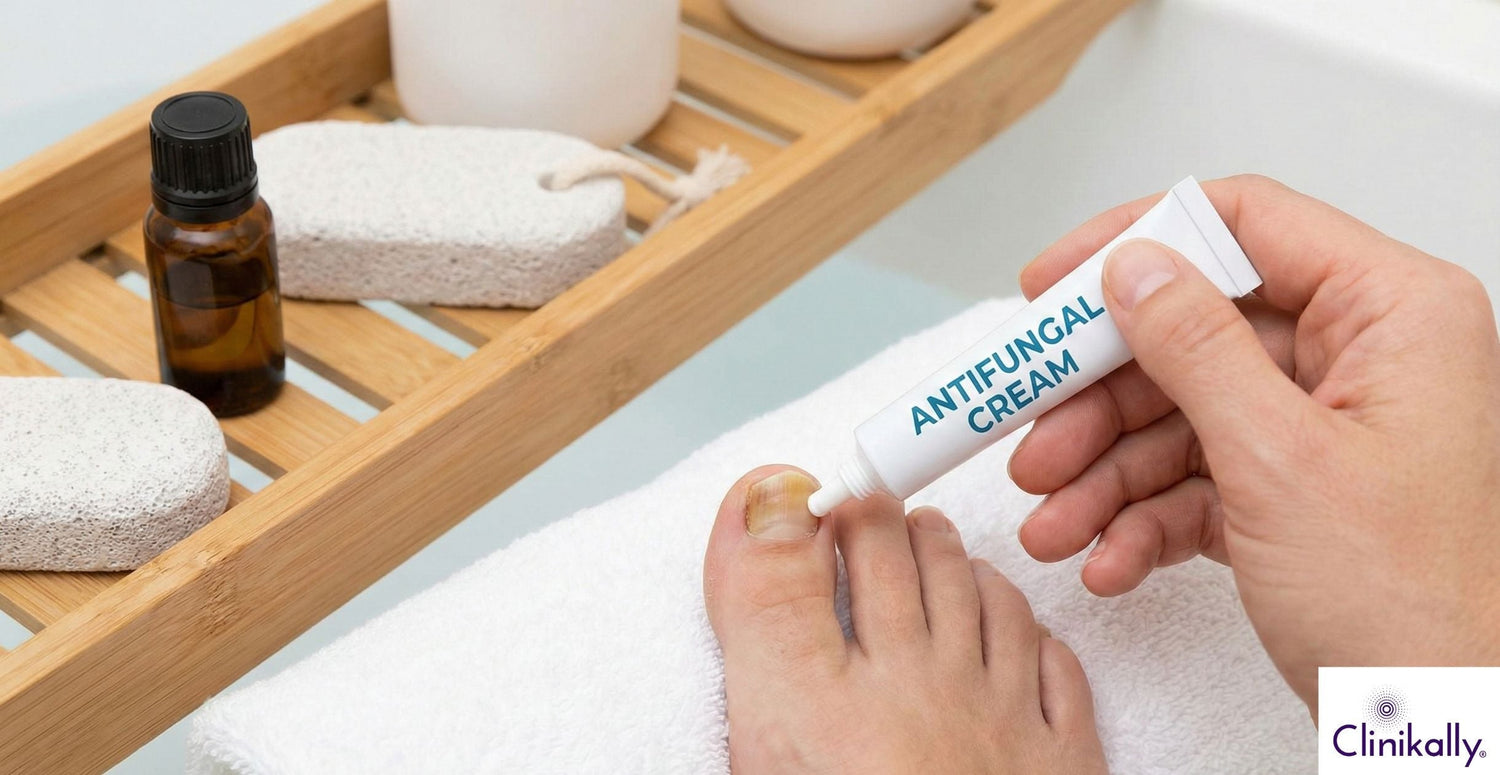 Person applying antifungal cream on toenail