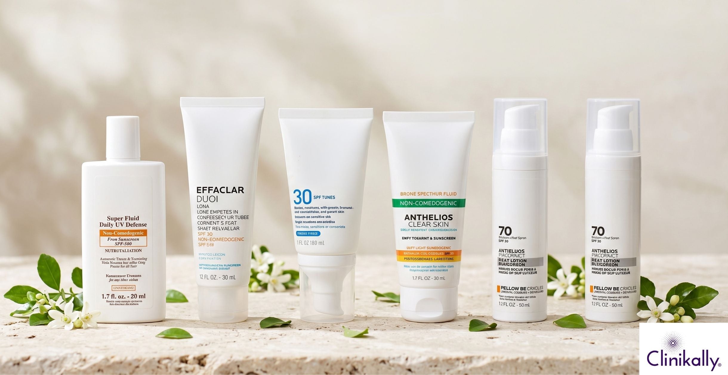 Top 6 non-comedogenic sunscreens for sensitive skin displayed with lightweight sunscreen bottles