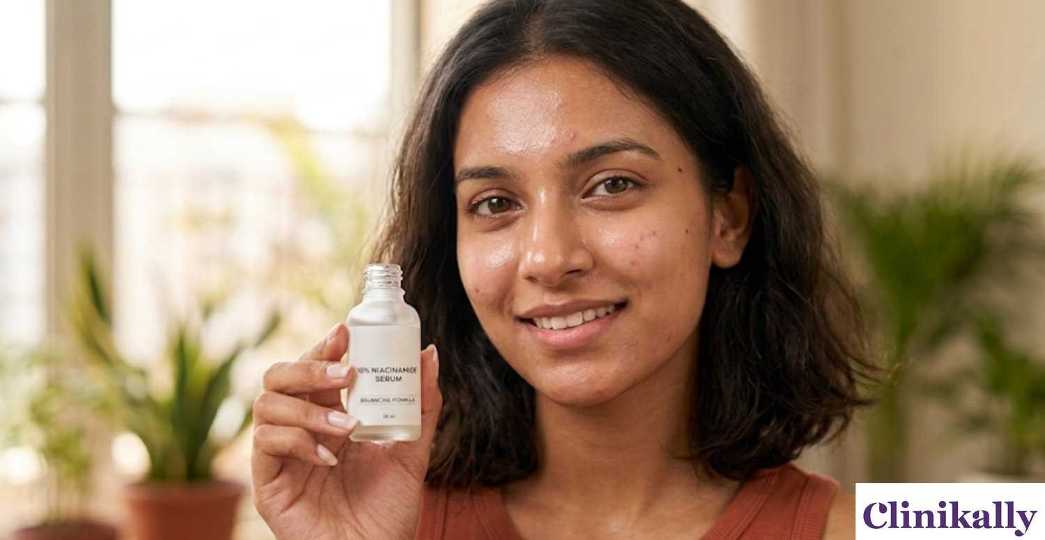 A woman with combination skin holding up a small bottle of 10% Niacinamide Serum