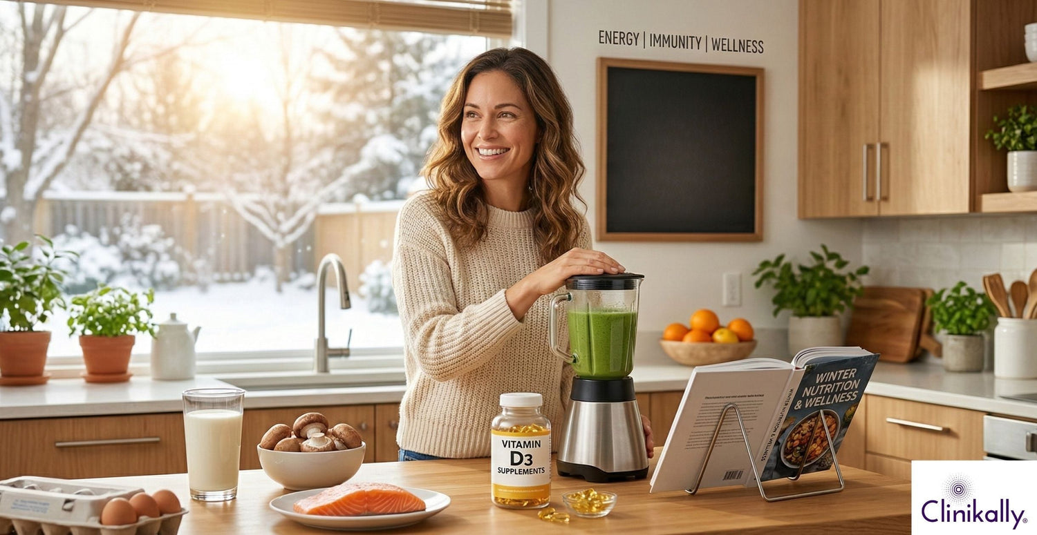 Woman preparing a smoothie with vitamin D foods in winter