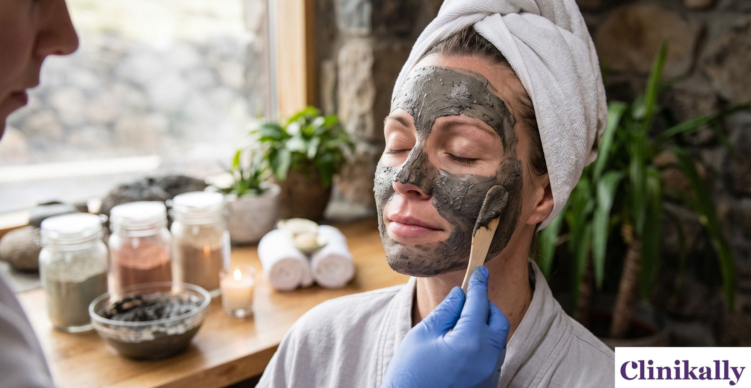 Volcanic mud face mask applied during a skin detox treatment