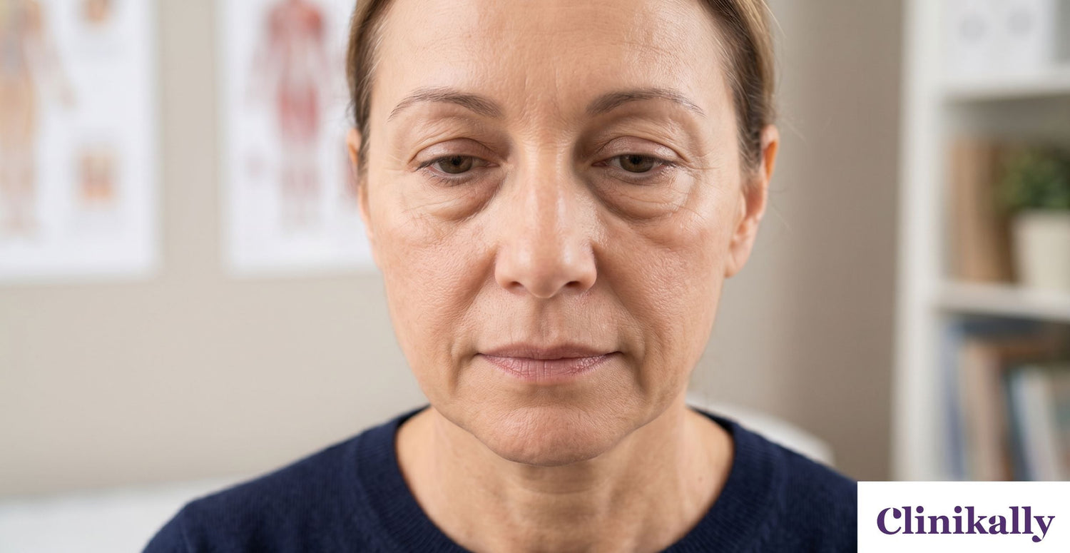 Woman with prominent malar mounds and festoons under her eyes