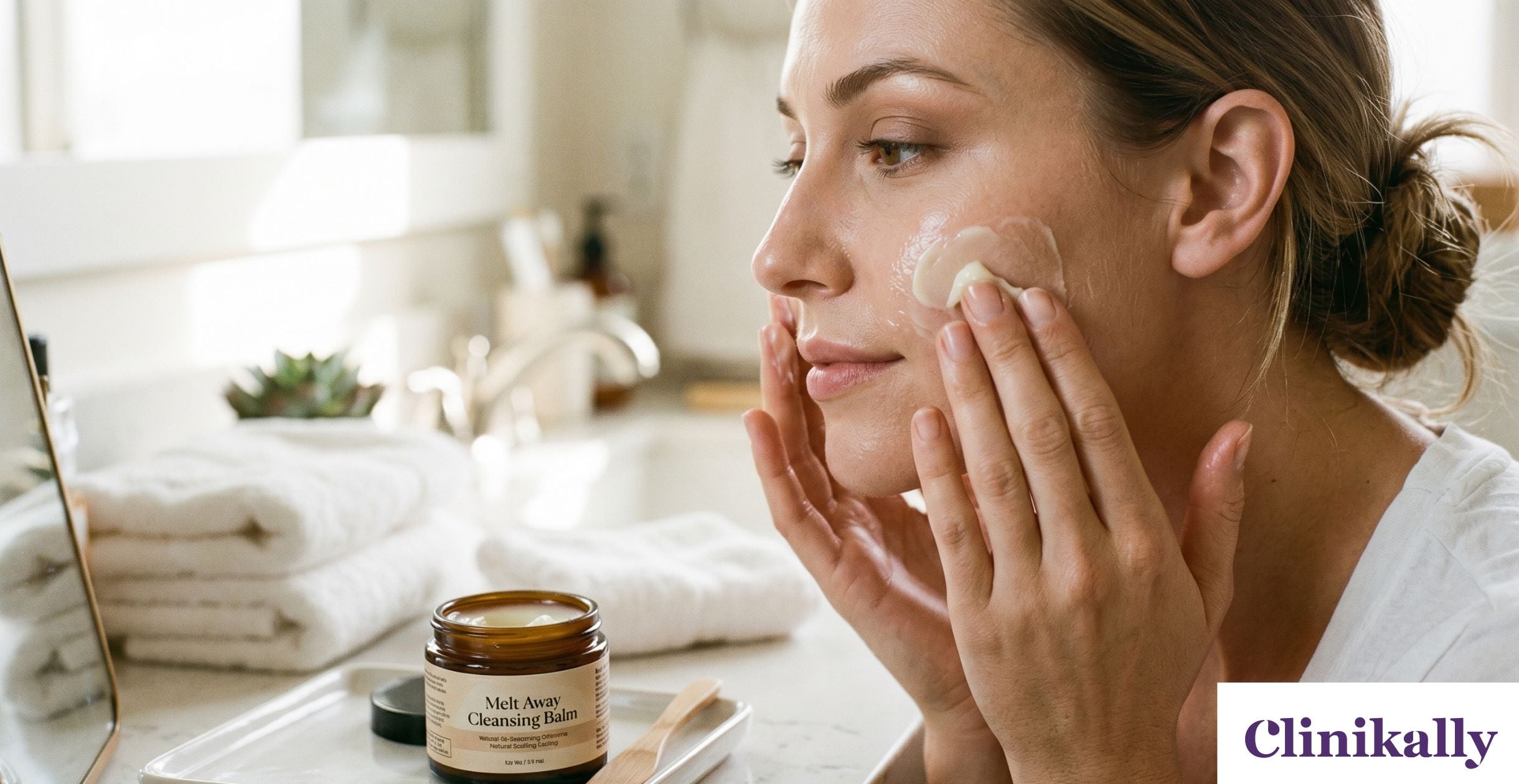 Woman applying cleansing balm to face