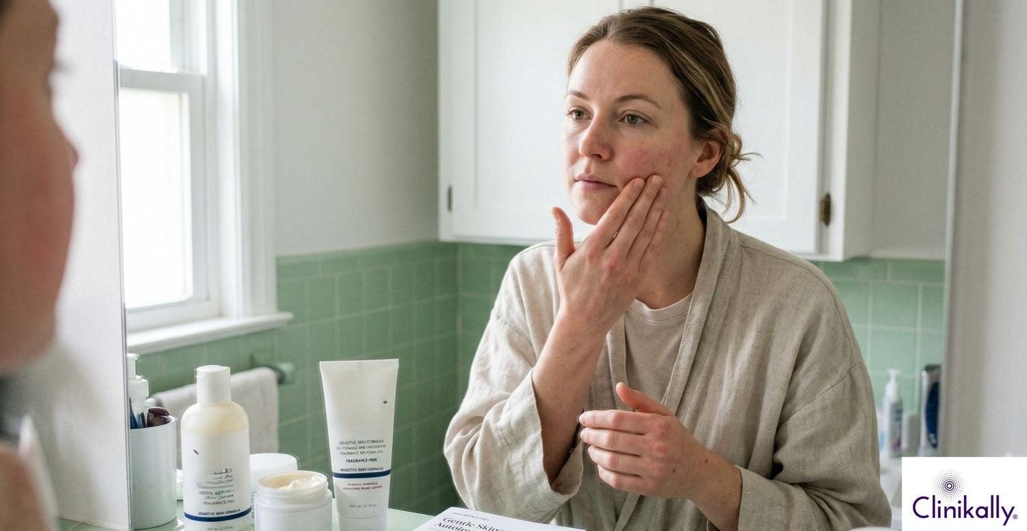 Woman examining sensitive skin in mirror