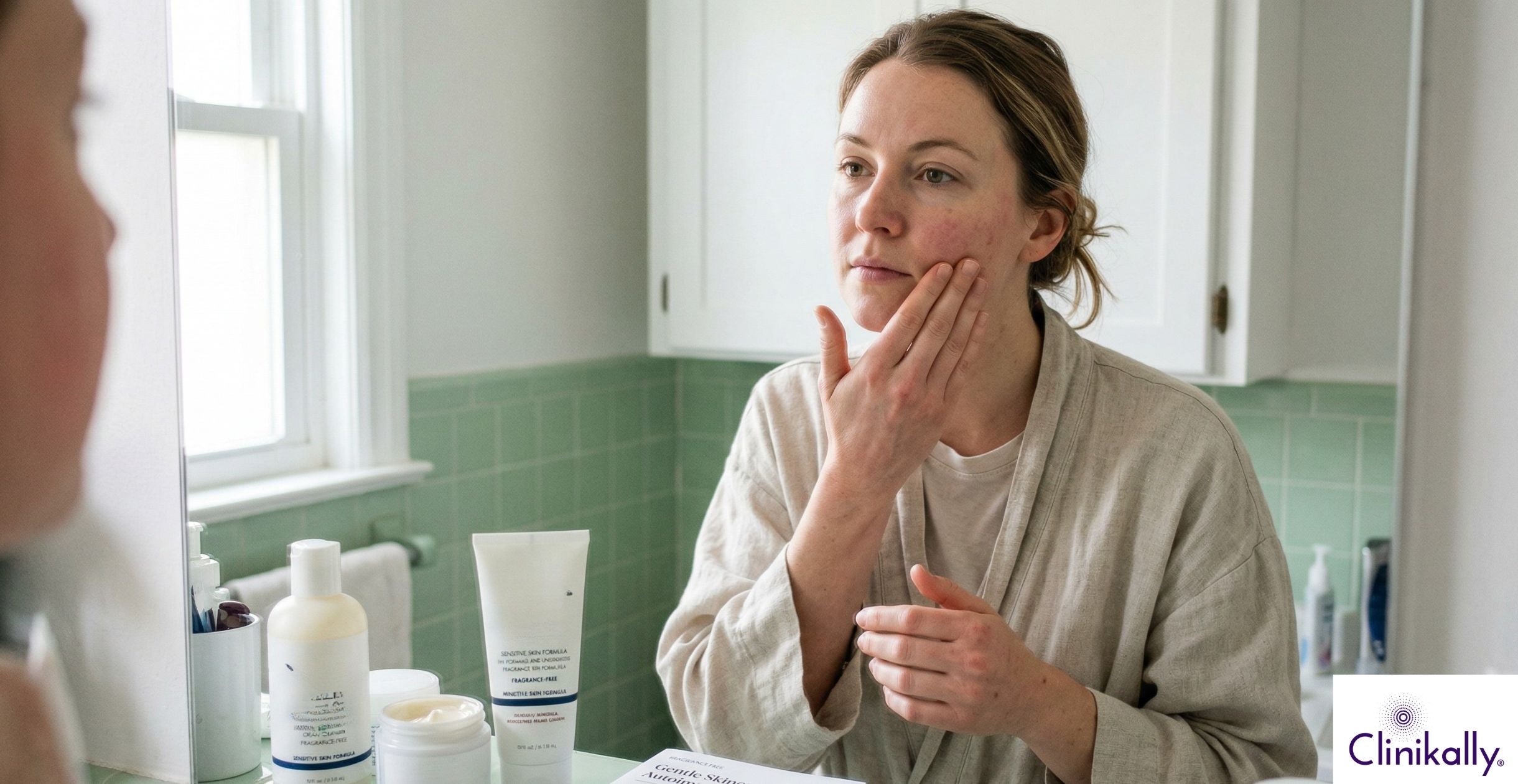 Woman examining sensitive skin in mirror