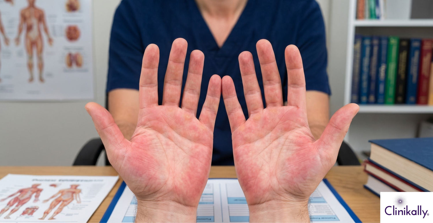 Close-up of red palms linked to palmar erythema