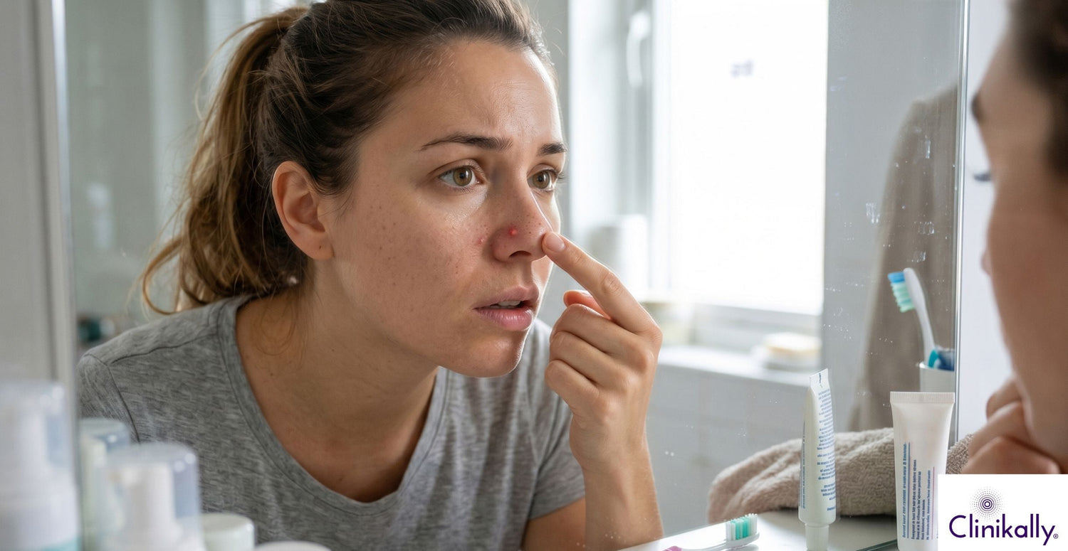 Woman examining nasal pimple