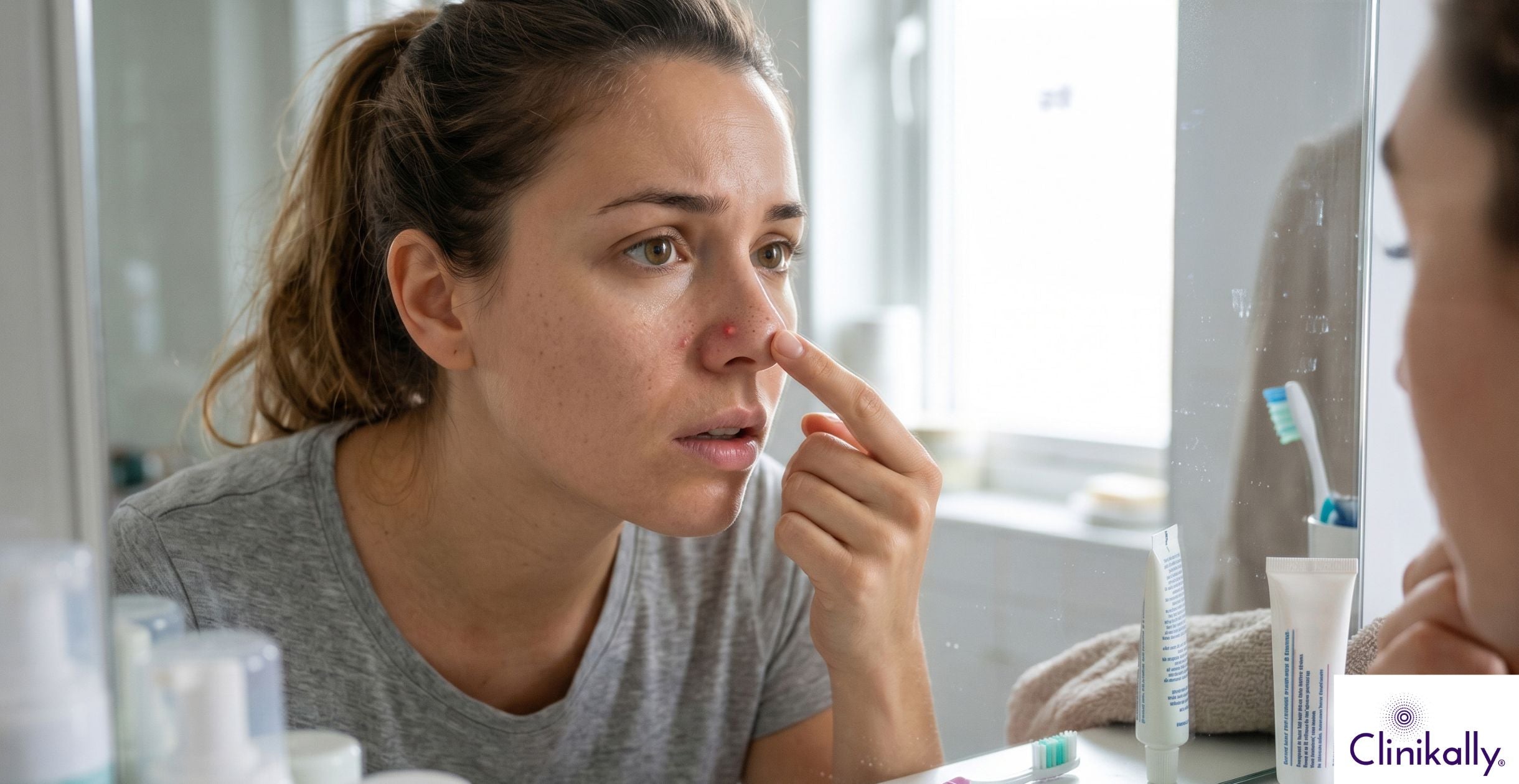 Woman examining nasal pimple