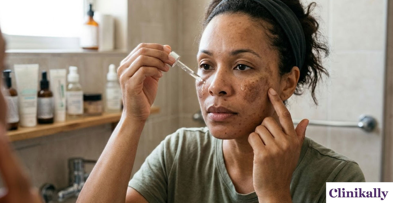 woman with skin pigmentation applying serum on her face