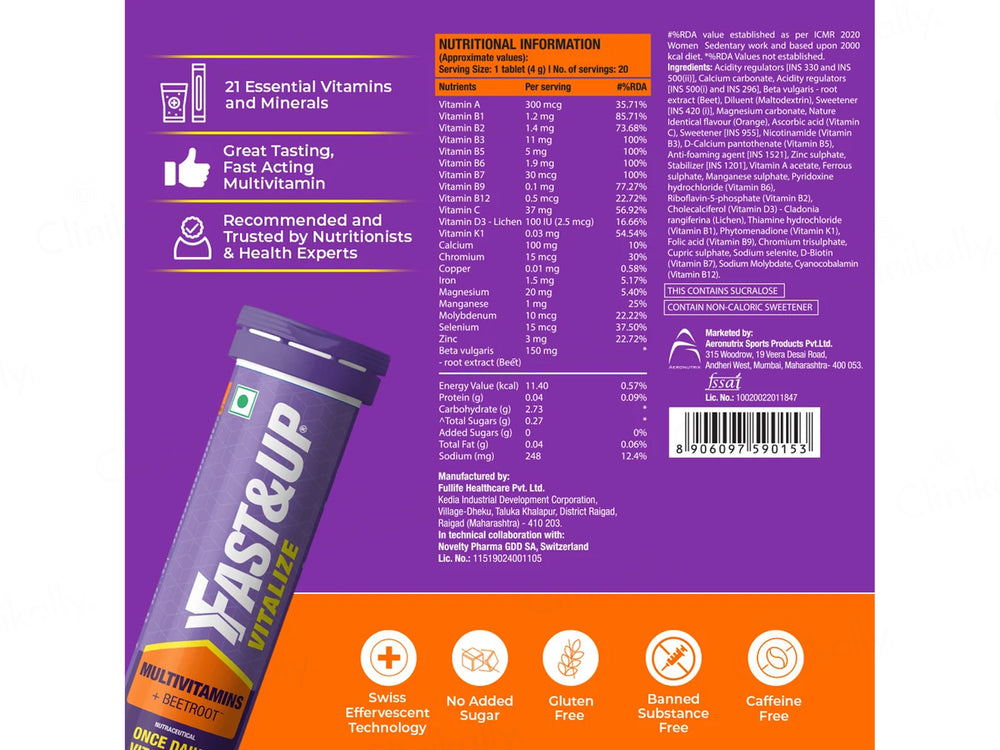 Fast&Up Vitalize Multivitamins + Beetroot Nutraceutical Effervescent Tablet - Orange Flavour