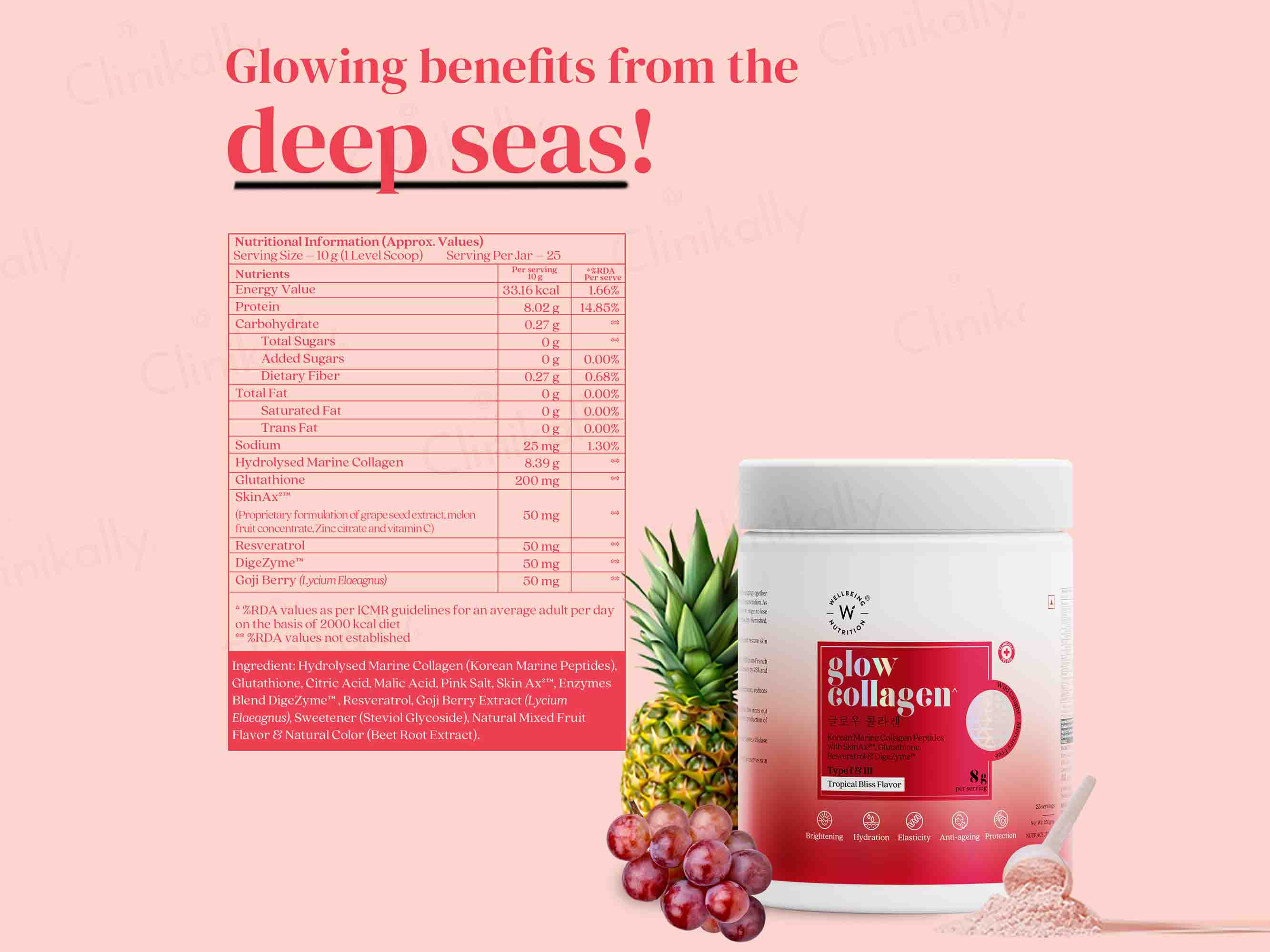 Wellbeing Nutrition Glow Korean Marine Collagen Powder - Tropical Bliss Flavour - Clinikally