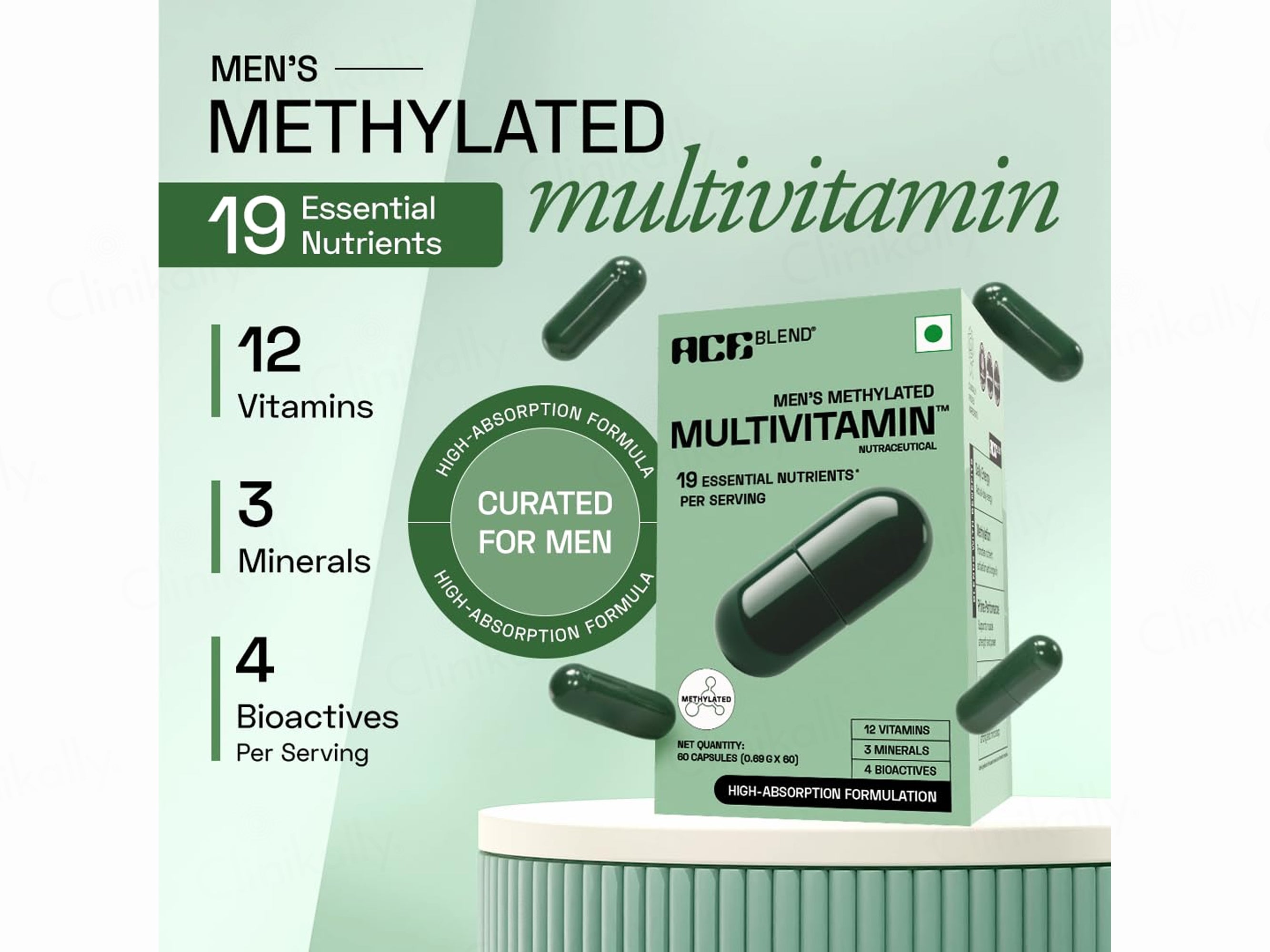 Ace Blend Men's Methylated Multivitamin Health Supplement Veg Capsule