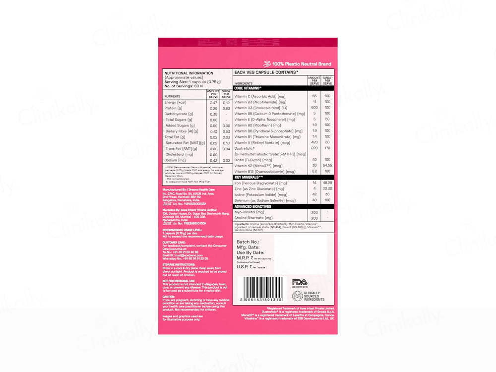 Ace Blend Women's Methylated Multivitamin Health Supplement Veg Capsule