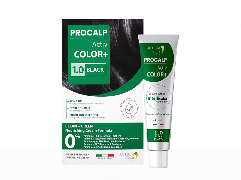 Actium Plus Procalp Activ Color+ Nourishing Gentle Permanent Colouring Cream Kit - 1.0 Black