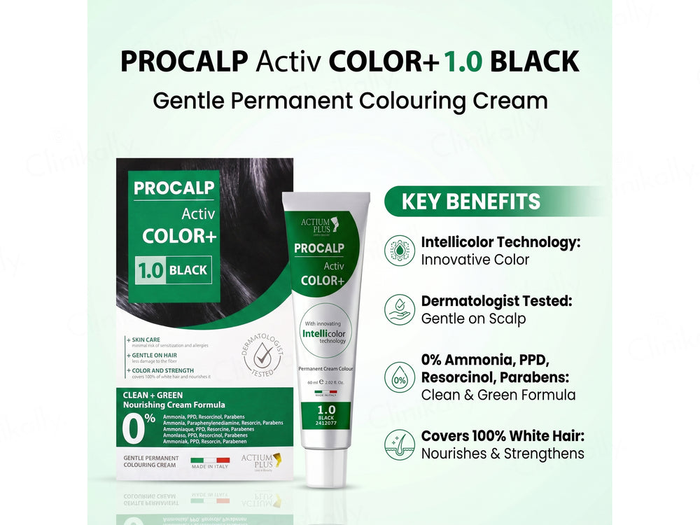 Actium Plus Procalp Activ Color+ Nourishing Gentle Permanent Colouring Cream Kit - 1.0 Black