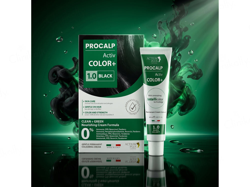 Actium Plus Procalp Activ Color+ Nourishing Gentle Permanent Colouring Cream Kit - 1.0 Black