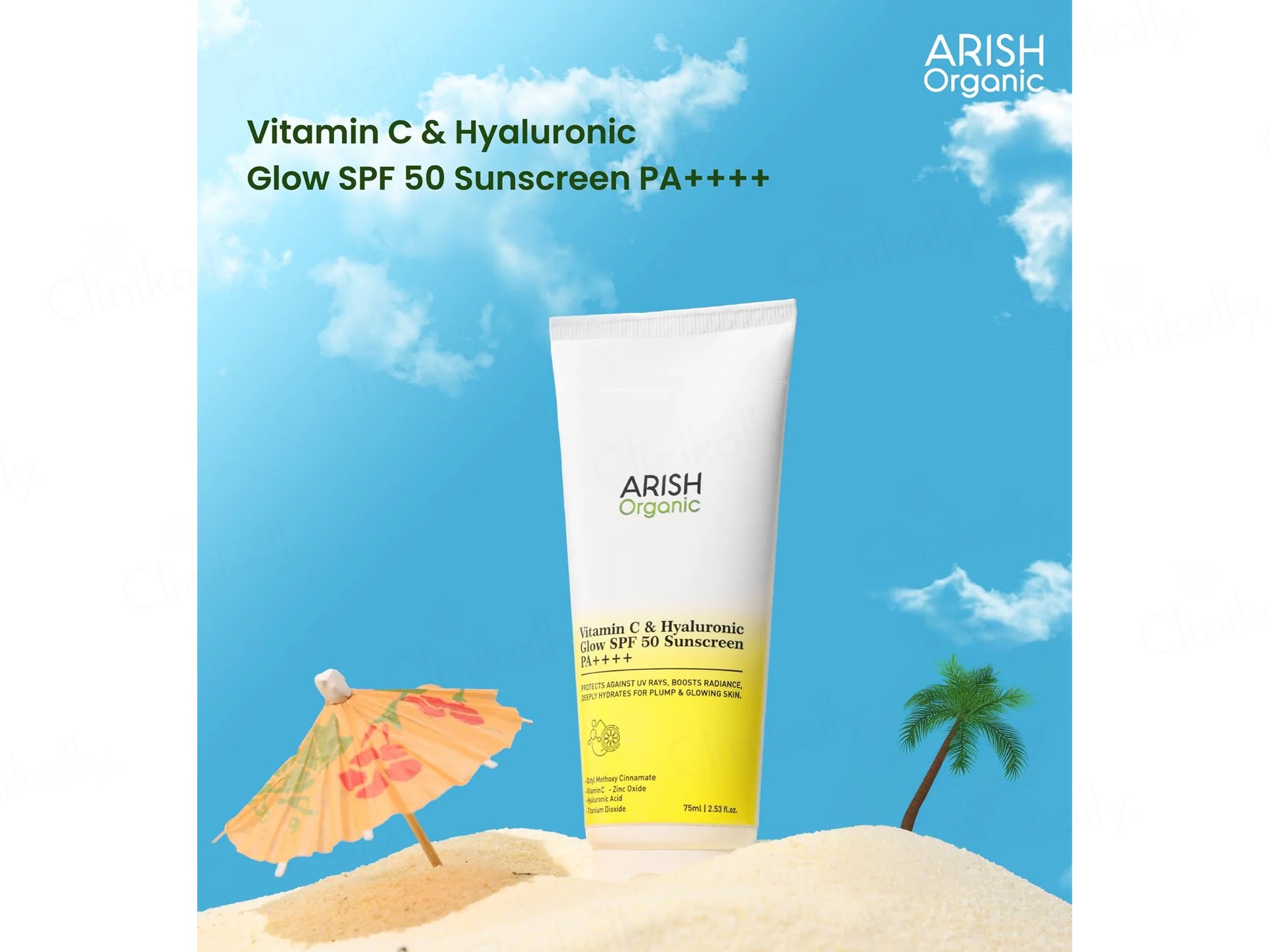 Arish Organic Vitamin C & Hyaluronic Acid Glow Sunscreen SPF 50 PA++++