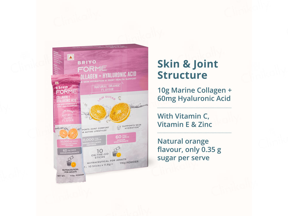 Briyo Forme Collagen + Hyaluronic Acid Skin Hydration Nutraceutical Powder - Natural Orange Flavour