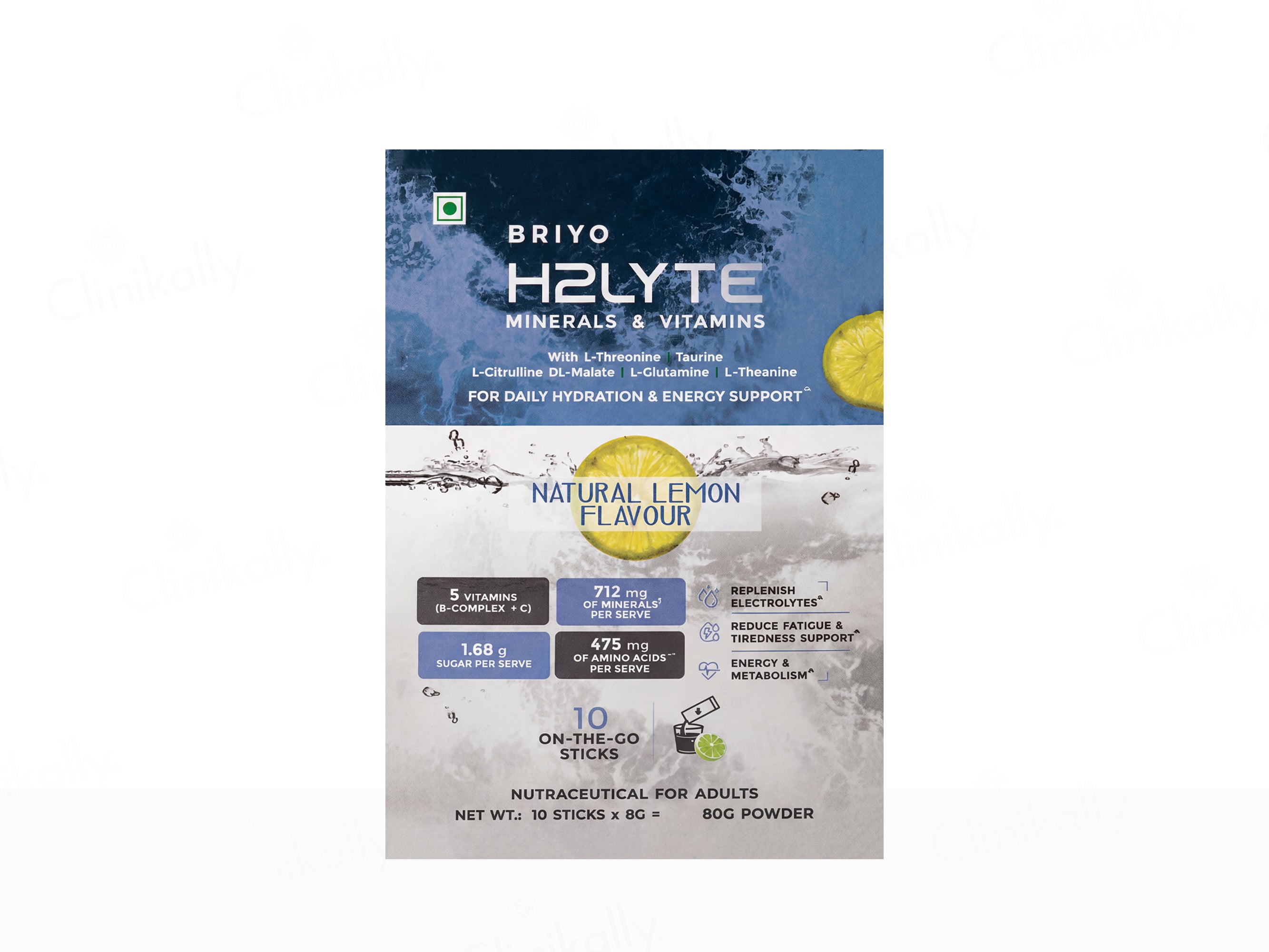 Briyo H2Lyte Minerals & Vitamins Daily Hydration Nutraceutical Powder - Natural Lemon Flavour