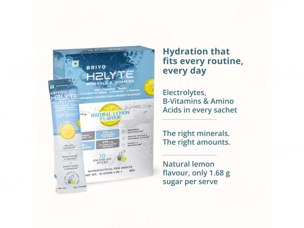 Briyo H2Lyte Minerals & Vitamins Daily Hydration Nutraceutical Powder - Natural Lemon Flavour