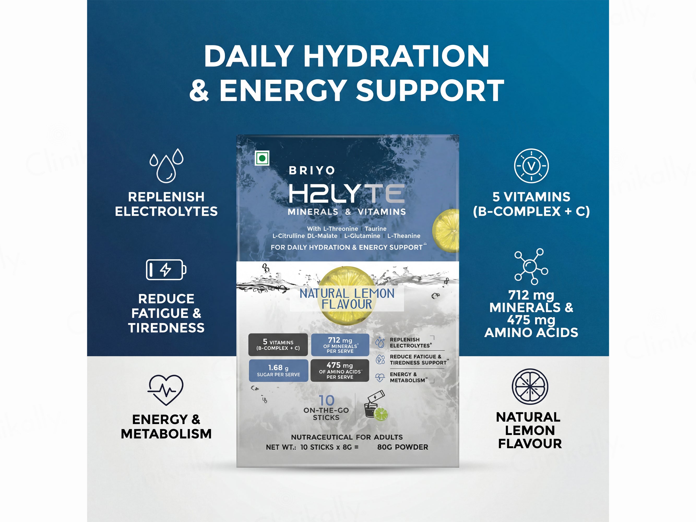 Briyo H2Lyte Minerals & Vitamins Daily Hydration Nutraceutical Powder - Natural Lemon Flavour