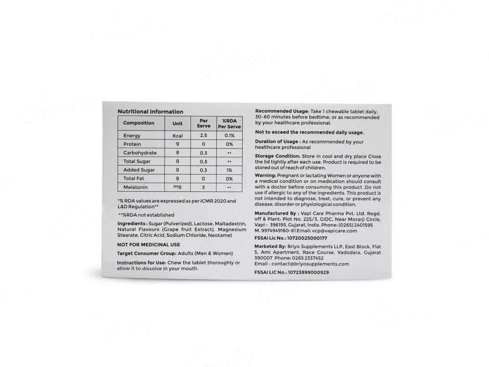 Briyo Melatonin 3 mg Chewable Tablet - Natural Grape Flavour