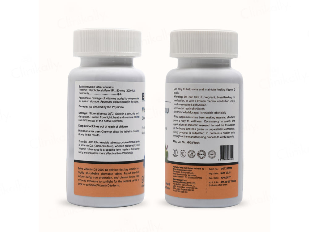 Briyo Vitamin D3 2000 IU Chewable Tablet - Natural Grape Flavour