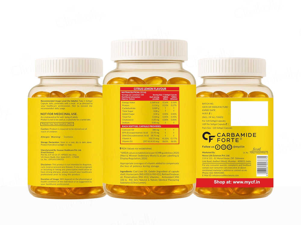 Carbamide Forte Cod Liver Oil With Vitamin A + D3 Softgel Capsule - Lemon Flavour