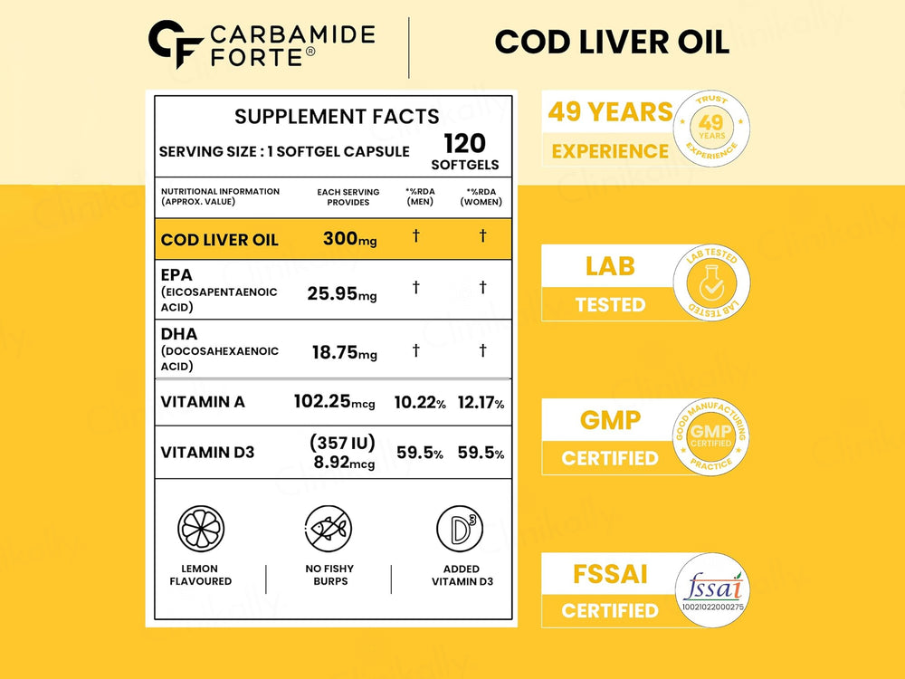 Carbamide Forte Cod Liver Oil With Vitamin A + D3 Softgel Capsule - Lemon Flavour