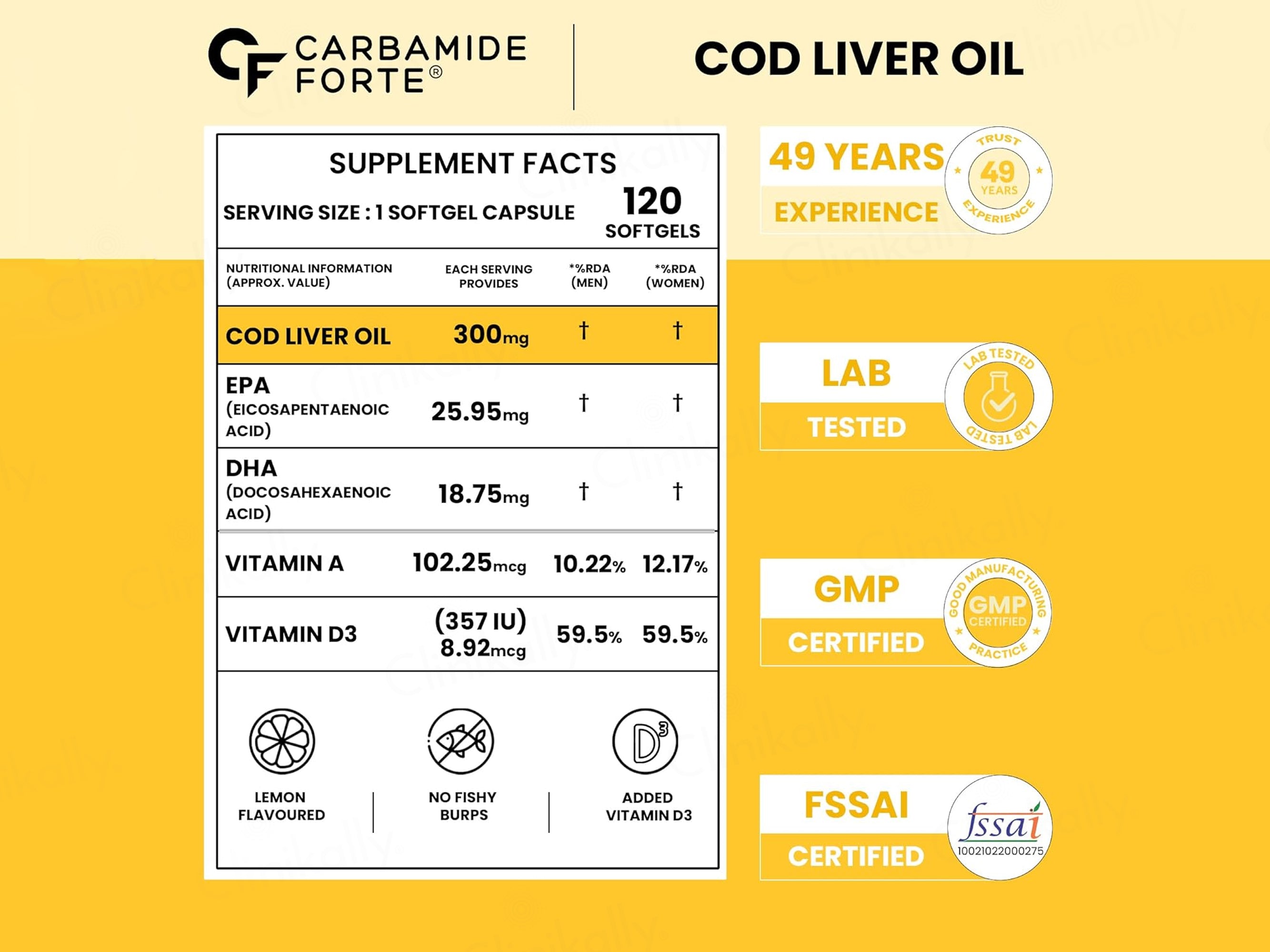 Carbamide Forte Cod Liver Oil With Vitamin A + D3 Softgel Capsule - Lemon Flavour