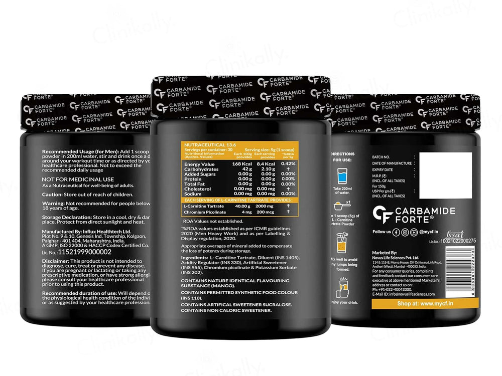 Carbamide Forte L-Carnitine L-Tartrate 2000mg Pre & Post Workout Powder - Mango Flavour