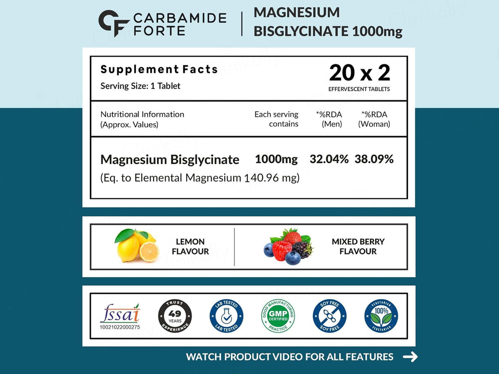 Carbamide Forte Magnesium Bisglycinate Effervescent Tablet Combo Pack - Lemon & Mixed Berry Flavour