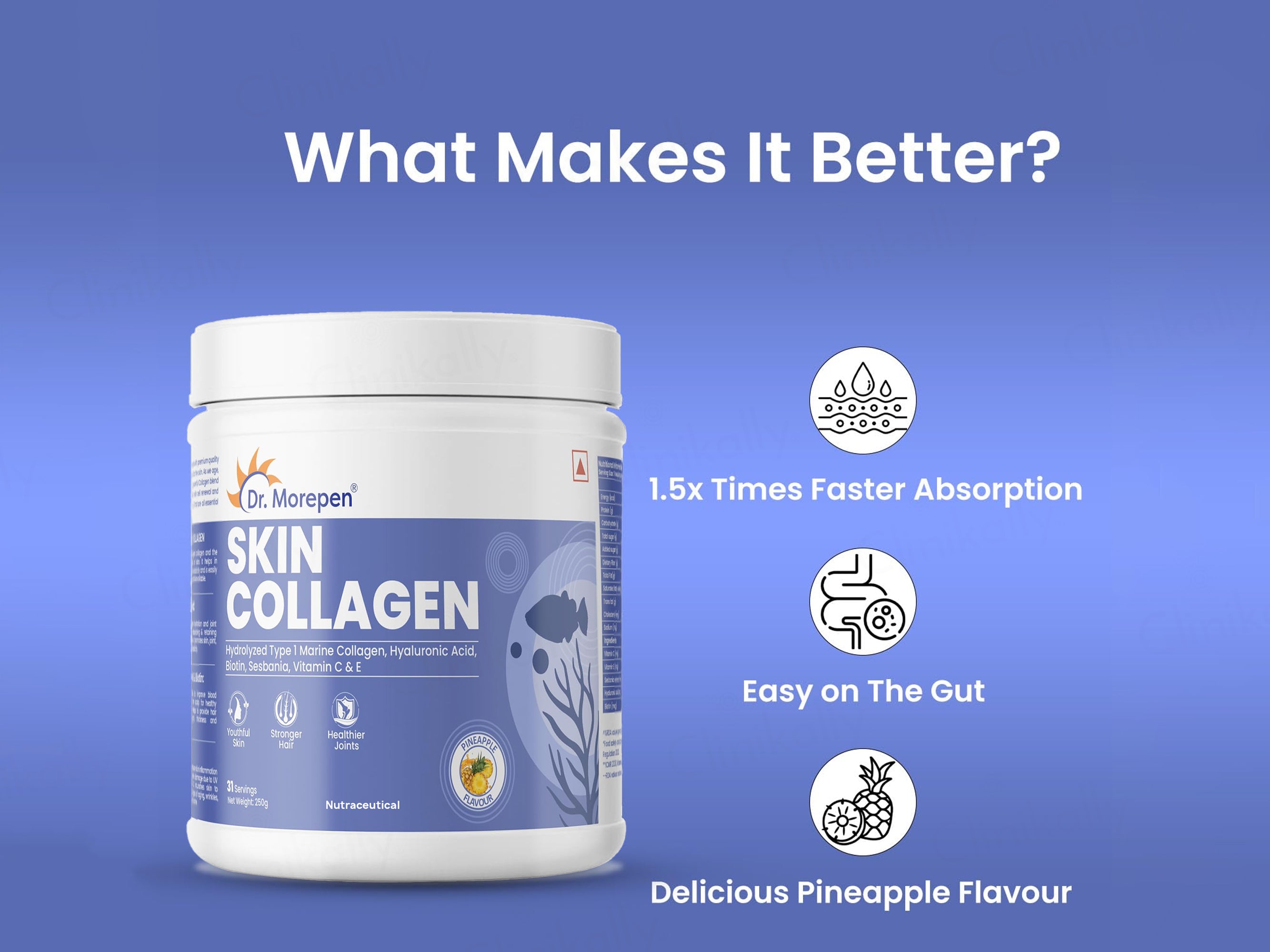 Dr. Morepen Hydrolyzed Type 1 Marine Skin Collagen Powder - Pineapple Flavour