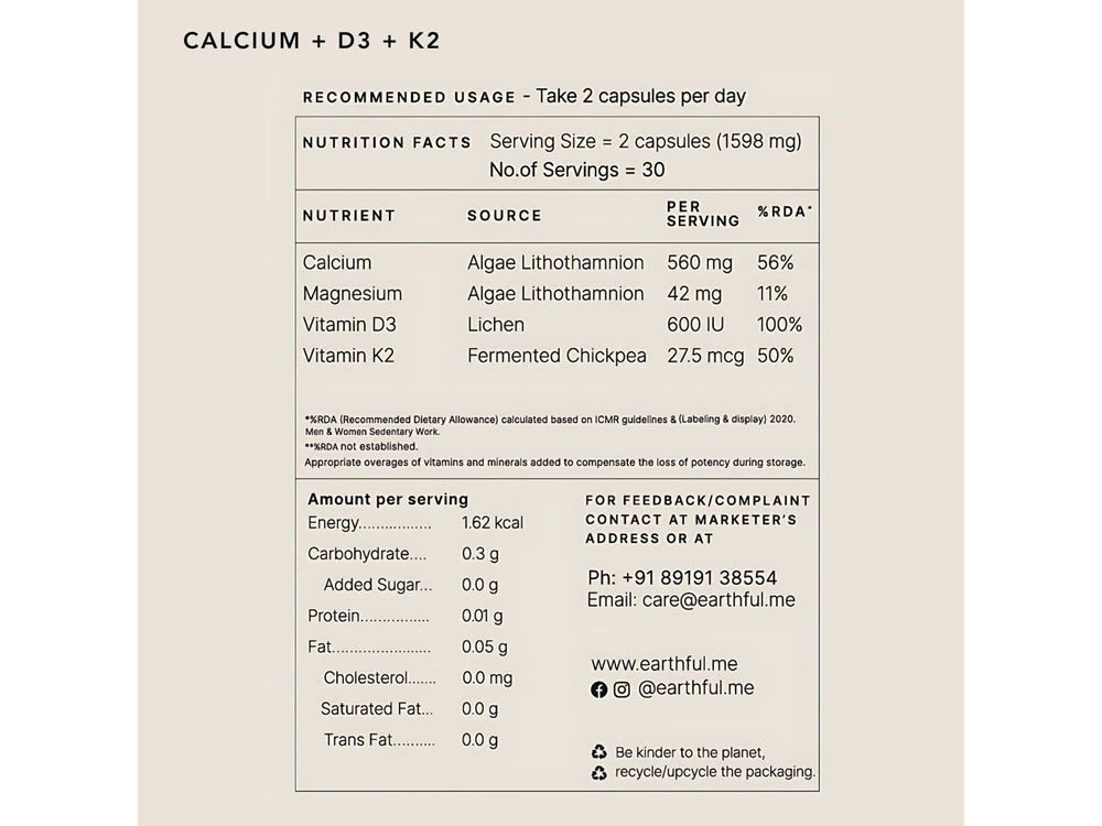 Earthful Calcium + D3 + K2 Health Supplement Veg Capsule