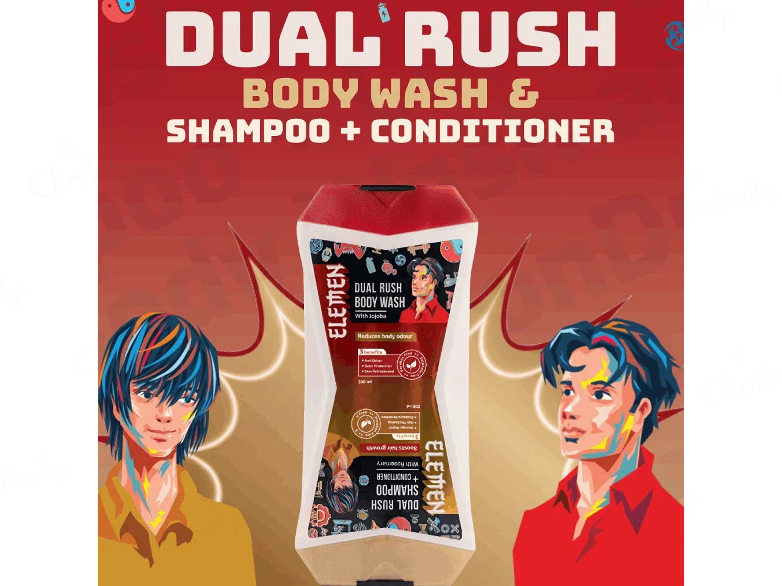 Elemen Dual Rush Body Wash (300 ml) & Shampoo + Conditioner (200 ml)