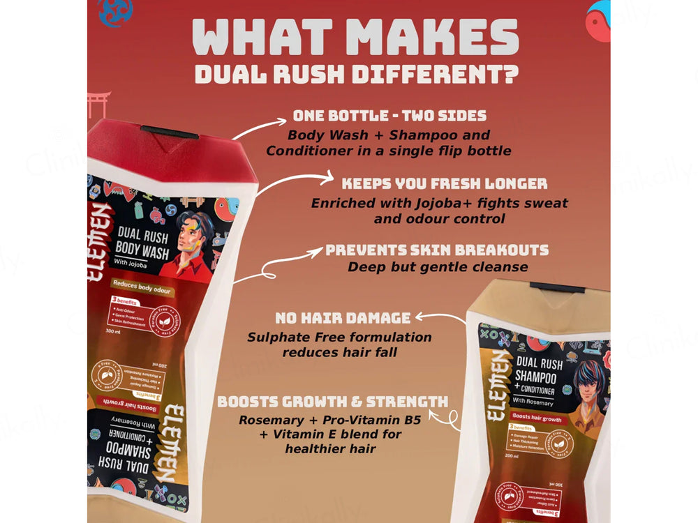 Elemen Dual Rush Body Wash (300 ml) & Shampoo + Conditioner (200 ml)