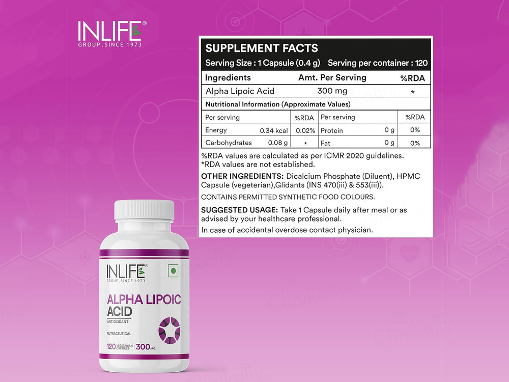 Inlife Alpha Lipoic Acid 300mg Antioxidant Nutraceutical Vegetarian Capsule