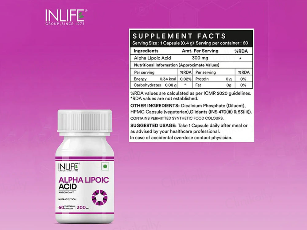 Inlife Alpha Lipoic Acid 300mg Antioxidant Nutraceutical Vegetarian Capsule