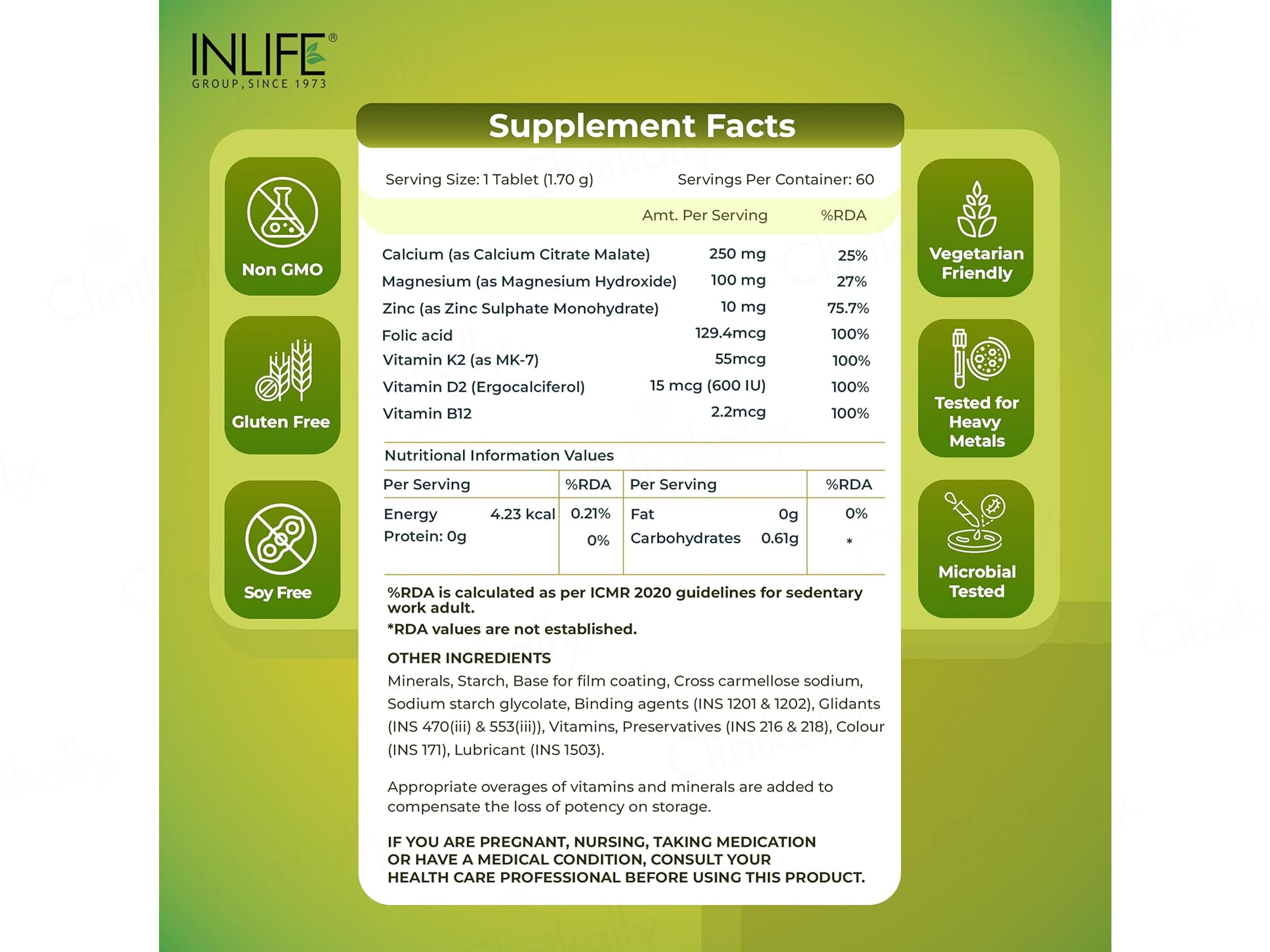 Inlife Bonelife Plus Calcium, Zinc, Magnesium, Vitamin D2 + K2 Tablet