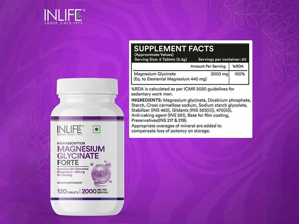 Inlife High Absorption Magnesium Glycinate Forte 2000mg Supplement Tablet