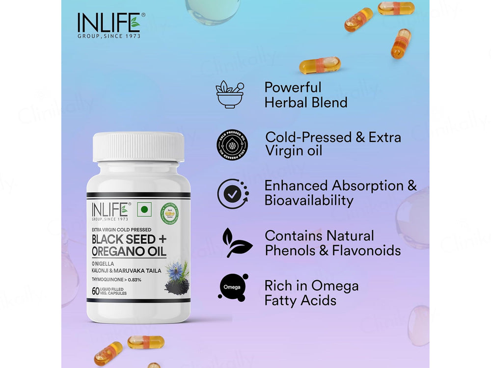 Inlife Extra Virgin Cold Pressed Black Seed + Oregano Oil Liquid Filled Veg Capsule