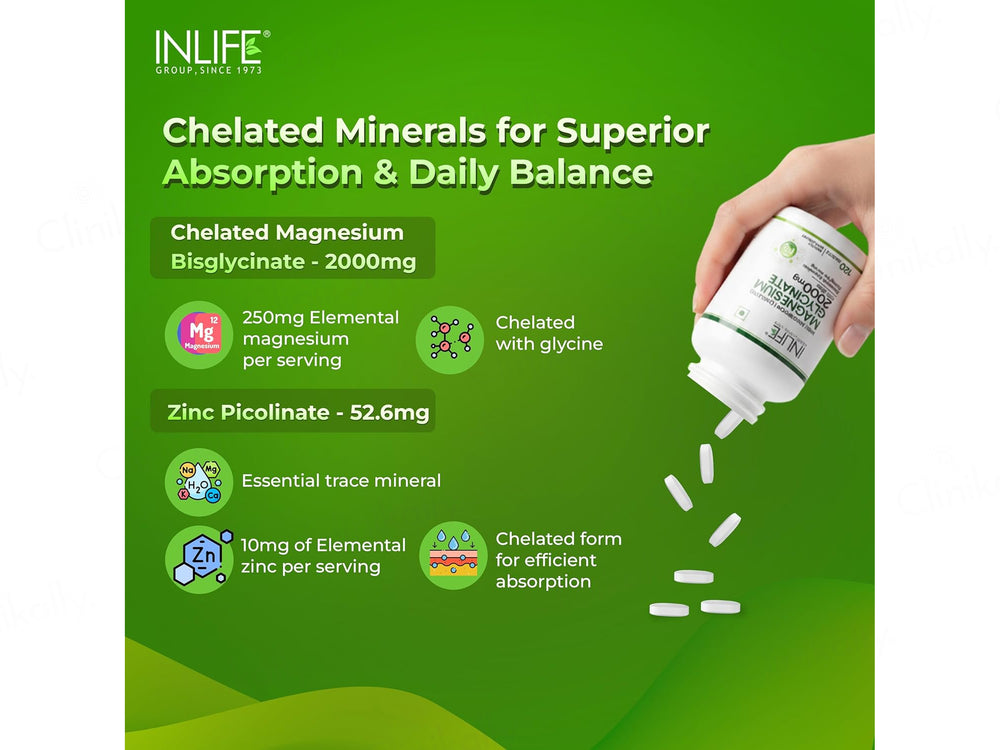 Inlife High Absorption Chelated Magnesium Glycinate 2000mg With Zinc Supplement Tablet