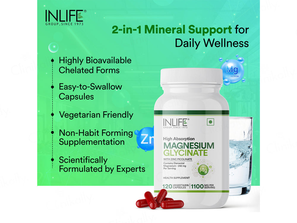 Inlife High Absorption Magnesium Glycinate 1100mg Vegetarian Capsule